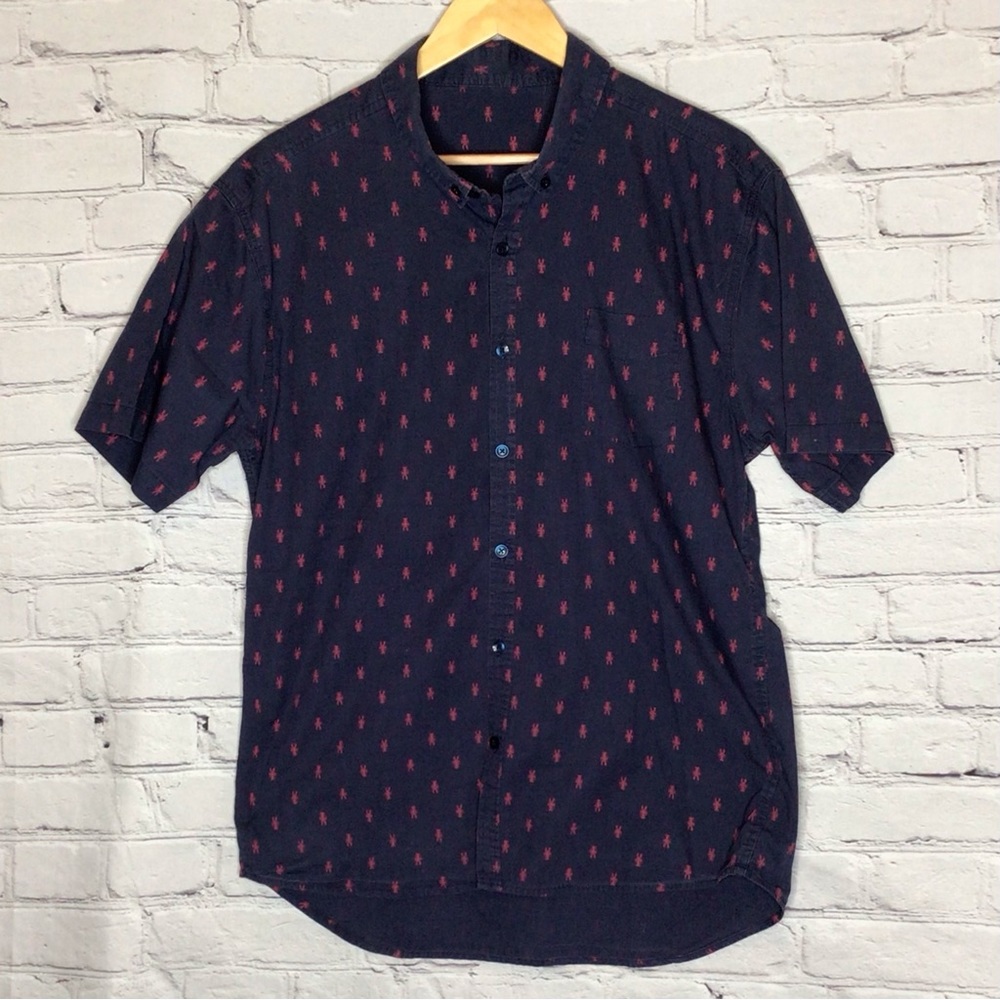 Navy Blue Red Lobster Print Short Sleeve Casual Button Down Cotton Shirt XL